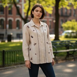 Talbots Linen/Cotton Women's Petite Large Beige Embroidered Button-Up Shirt